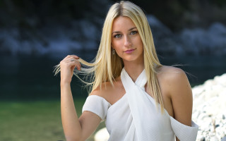 Blonde woman white dress portrait 2 - a white scarf free wallpaper