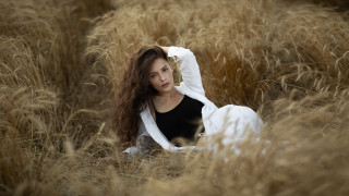 Woman field blowing hair portrait - tall grass free wallpaper