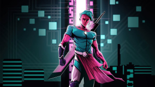 Woman pink outfit sword cityscape - a neon light behind her free wallpaper
