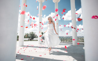 Woman white dress red petals - red petal free wallpaper