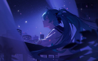 Girl long hair city night - a city skyline in the background free wallpaper