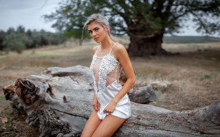Woman white dress forest lake - contemporary fashion free wallpaper