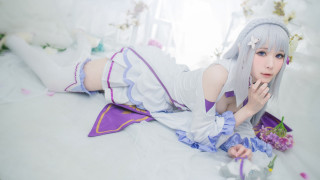 Woman white dress bed flowers - cosplay free wallpaper