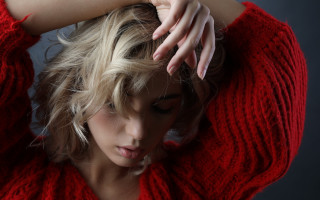 Blonde woman red sweater hands - andor basch free wallpaper