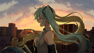 Woman city sunset aqua hair - city background free wallpaper