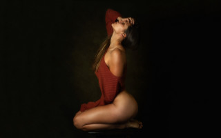 Woman red dress hat sitting 2 - a stool free wallpaper