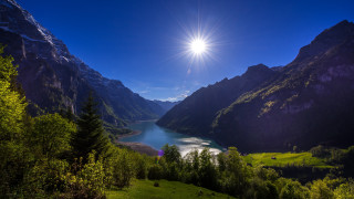 Mountain lake forest sunlight landscape - tree and mountains free wallpaper