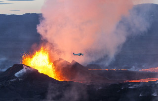 Lava mountain plane smoke cityscape - artur grottger free wallpaper for desktop