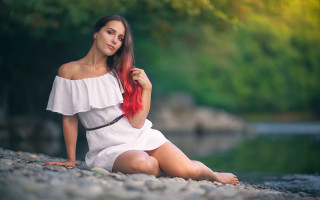 Red hair woman rock river - evaline ness free wallpaper