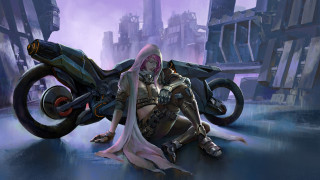 Futuristic city motorcycle pink hair - cyberpunk art free wallpaper