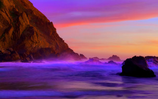 Purple sunset rocks ocean mountains - expressionism free wallpaper