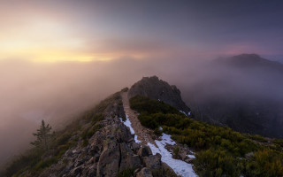 Mountain trail fog clouds dusk - volumetric fog free wallpaper
