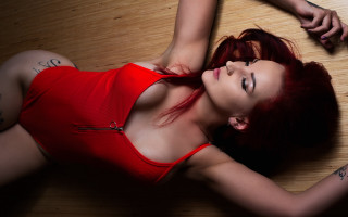 Woman red top wooden floor - her hand and a knife free wallpaper