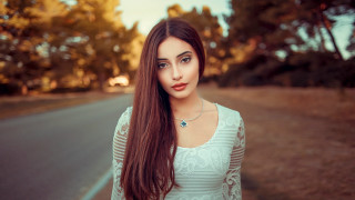 Woman longhair road trees sunset - elina karimova free wallpaper