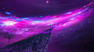 Cliff tree purple sky stars - psychedelic free wallpaper