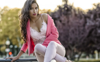 Woman pinkjacket whitetop park bokeh - barbizon school free wallpaper