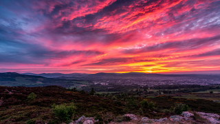 Sunset valley mountains clouds city - colorful cloud free wallpaper