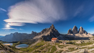 House hill lake mountains sun - ultra wide angle free wallpaper