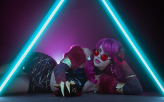 Pink haired woman neon lights - a triangle free wallpaper