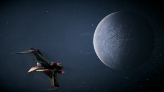 Space ship passing large object - a distant planet in the distance free wallpaper
