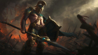 Armor spear sword fire sky - a man in armor holding free wallpaper
