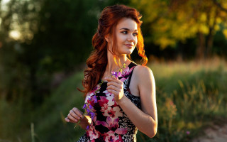 Woman floral dress smiling bokeh - floral free wallpaper