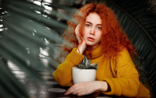 Red haired woman plant portrait - free vintage wallpaper