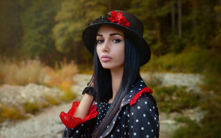 Woman blackhair polkadotdress hat redbows - long black hair free wallpaper for desktop