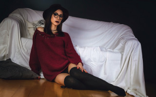Woman red sweater black stockings - art nouveau free wallpaper