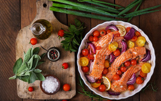 Salmon vegetables cuttingboard knife salt - cutting free wallpaper