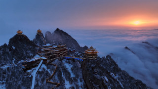 Mountain clouds buildings sunset fantasy - cui bai free wallpaper