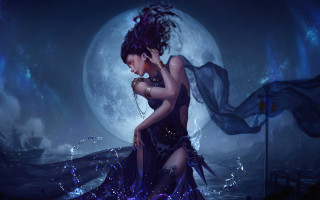 Woman fullmoon water dress scarf - a digital painting free wallpaper