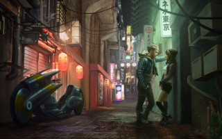 Man woman alley motorcycle neon - cedric peyravernay free wallpaper