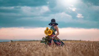 Woman dress hat wheat sunflowers - impressionist free wallpaper