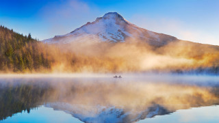 Mountain lake boat fog person - a mountain free wallpaper