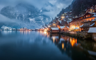 Lake mountain town night lights - evgeny lushpin free wallpaper