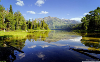 Lake trees mountains blue sky 11 - a matte painting free wallpaper