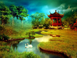 Swan swimming pond park pagoda 2 - a park free wallpaper