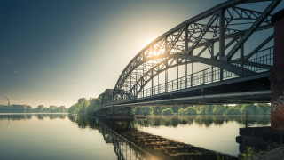 Bridge river sun trees water - a bridge over a river free wallpaper