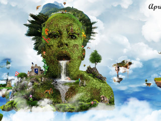 Man trees clouds waterfall digital - digital free wallpaper for desktop