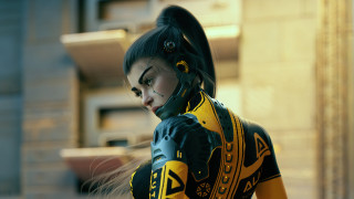 Cyberpunk woman yellow black outfit - a building in the background free wallpaper