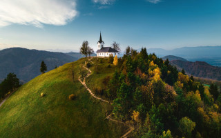 Church hill steeple landscape blue - alena aenami free wallpaper