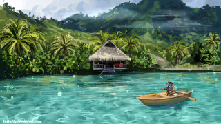 Boat river hut man pleinair - a river next free wallpaper