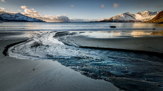 River beach mountains clouds water - sandy free wallpaper