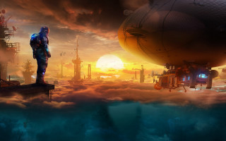 Afrofuturism clouds man on platform - matte painting concept art free wallpaper
