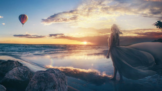 Woman beach hotairballoon sunset ocean - sunset free wallpaper