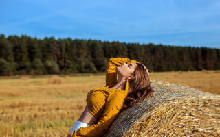 Yellow dress woman hayfield outdoors - a yellow dress free wallpaper