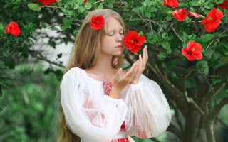 Woman praying tree flower nature - red flower free wallpaper