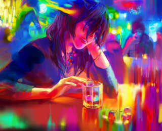 Woman sitting table glass water 2 - psychedelic art free wallpaper