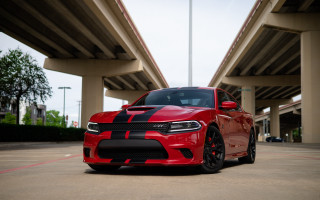 Red car bridge parking lot - the front of the car free wallpaper